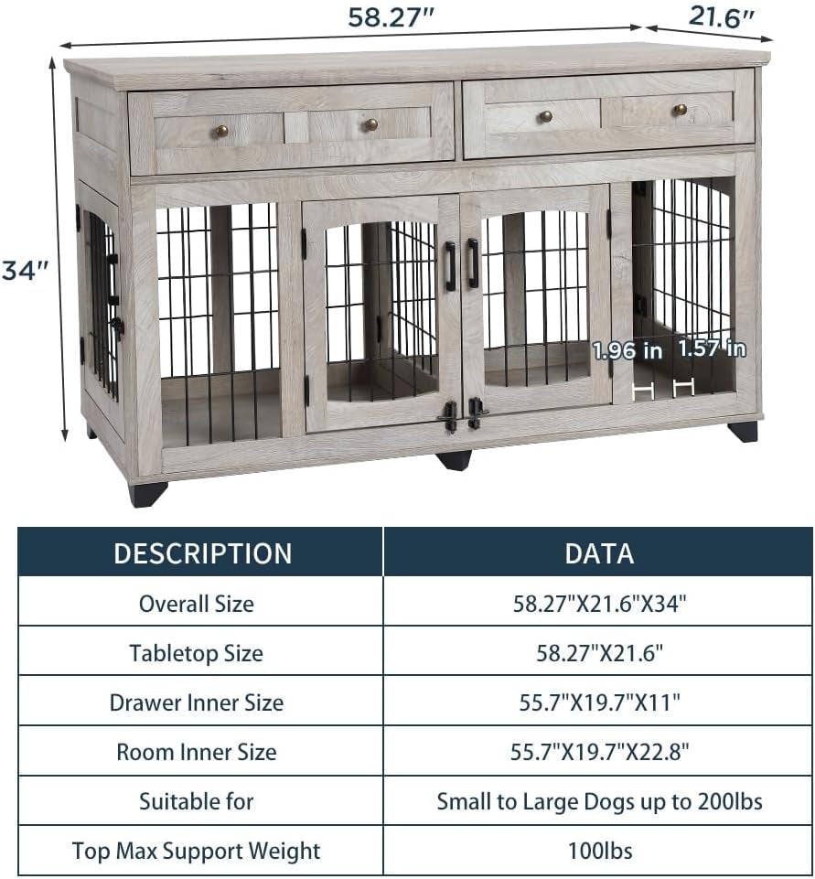 2 Rooms Dog Crate Furniture with Openable Partition,58" Wooden Dog Crate Table with 2 Drawers,5-Doors Dog Furniture,Indoor Dog Kennel,Dog House,Dog Cage,Tv Stand (Grey)