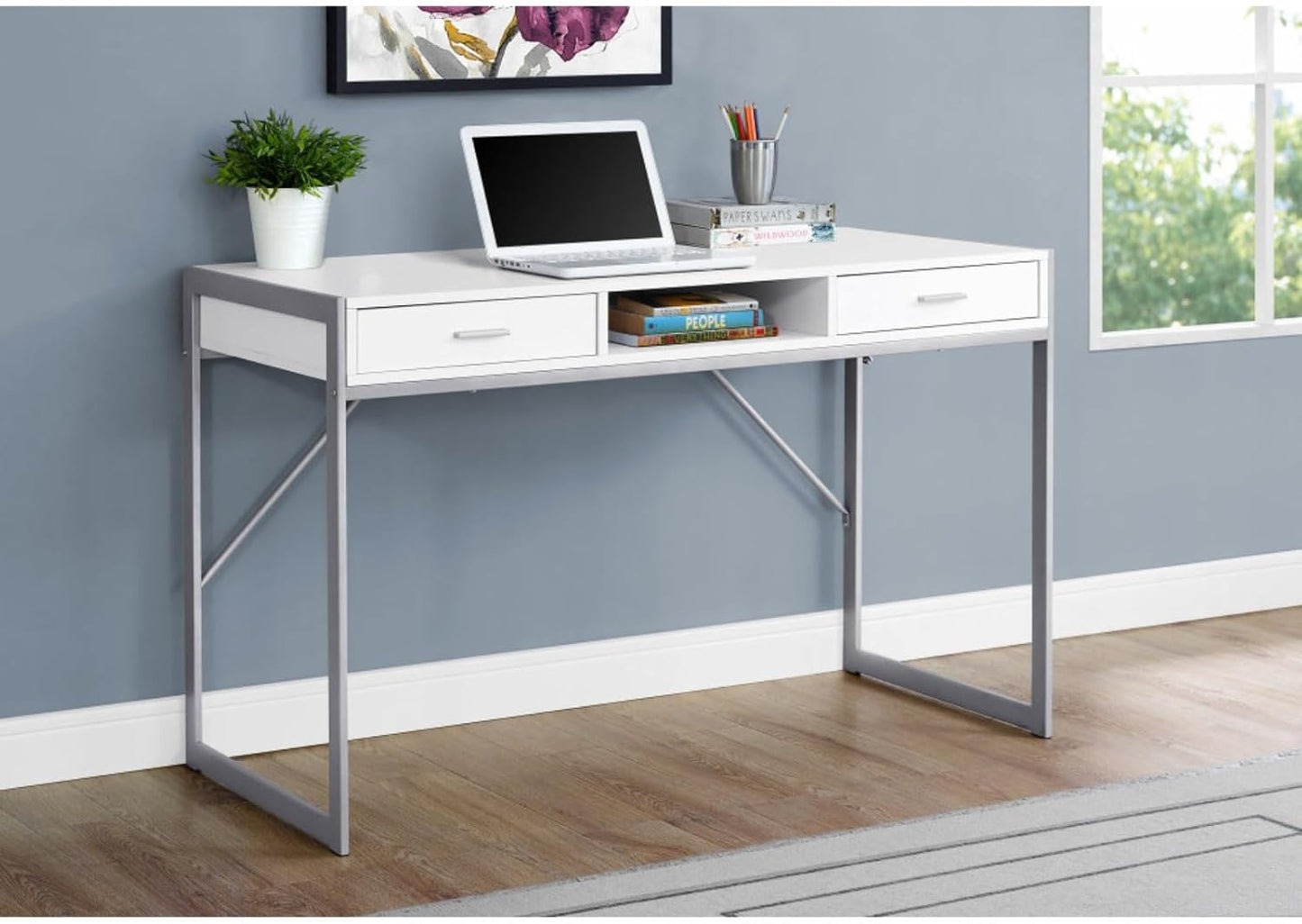 Contemporary 48" L Computer Desk with 2 Spacious Drawers for Storages, Modern Home Office Laptop Table with 1 Open Concept Shelf