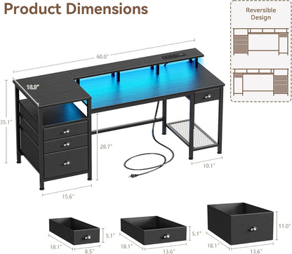 60" Black Computer Desk with 4 Drawers and Printer Space, Gaming Desk with LED Lights and USB Power Outlets, Home Office Desk with Fabric File Cabinet,Study Work Table with Shelf for Bedroom