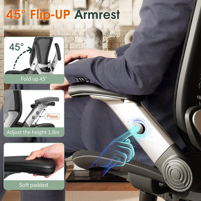 Ergonomic Office Chair, High Back Home Desk Chair with Headrest, Flip-Up Arms, 90-120° Tilt Lock and Wide Cushion, Big and Tall Mesh Chairs for Man Woman, Black Task Chair