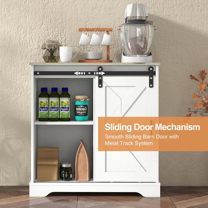 Sliding Barn Door Buffet Sideboard Storage Cabinet Coffee Bar Kitchen Farmhouse Style (White Cabinet Nature Top)