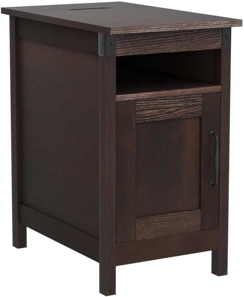 End Table with Charging Station, Narrow Side Table for Living Room, Farmhouse Night Stand with Storage, Small Wooden Cabinet with USB Ports and Outlets for Living Room and Bedroom, Espresso