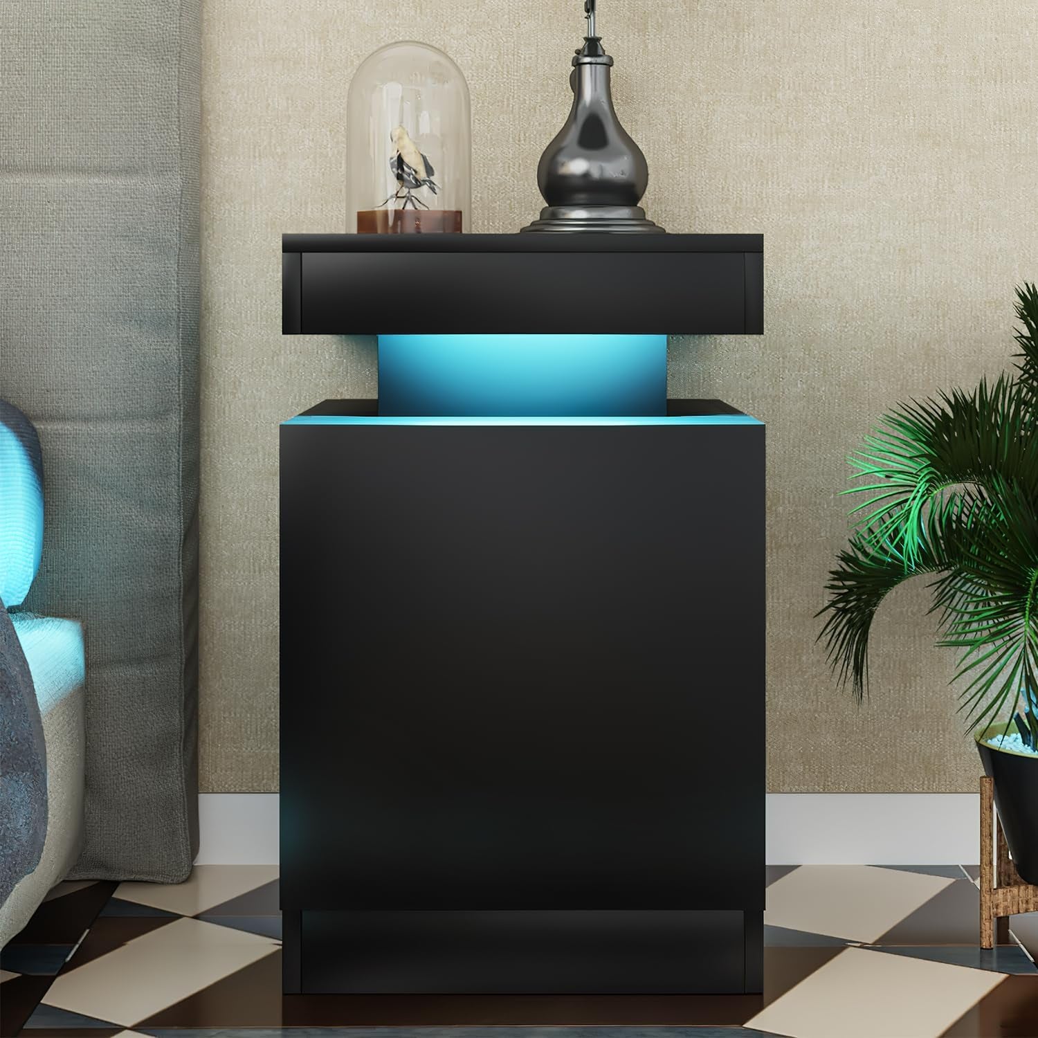 Nightstand Set of 2 with LED Lights,Night Stand with Storage Cabinet for Bedroom,Bedside Table with LED, Black