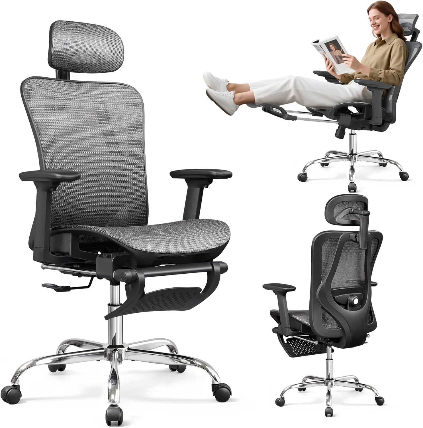 Ergonomic Mesh Office Desk Chair, Retractable Footrest and Adjustable Lumbar Support, Comfy High Back Reclining Computer Gaming Chair, Tilt Function, Heavy Duty, SGS Class 4 Gas Lift, Grey