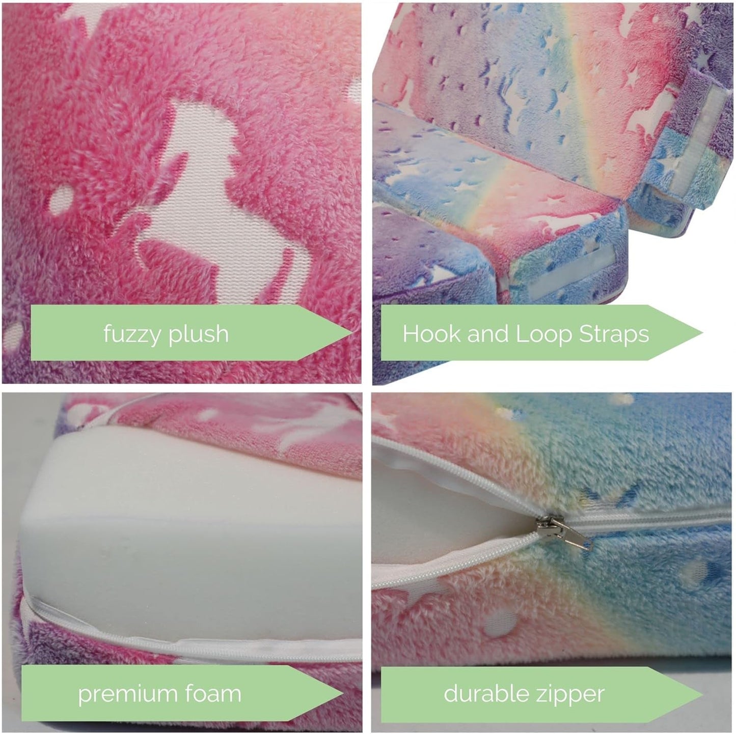 Glow Rainbow Unicorn Tri-Fold Sofa Bed for Kids, Foldable Futon Mattress, Chair, and Floor Couch for Playroom