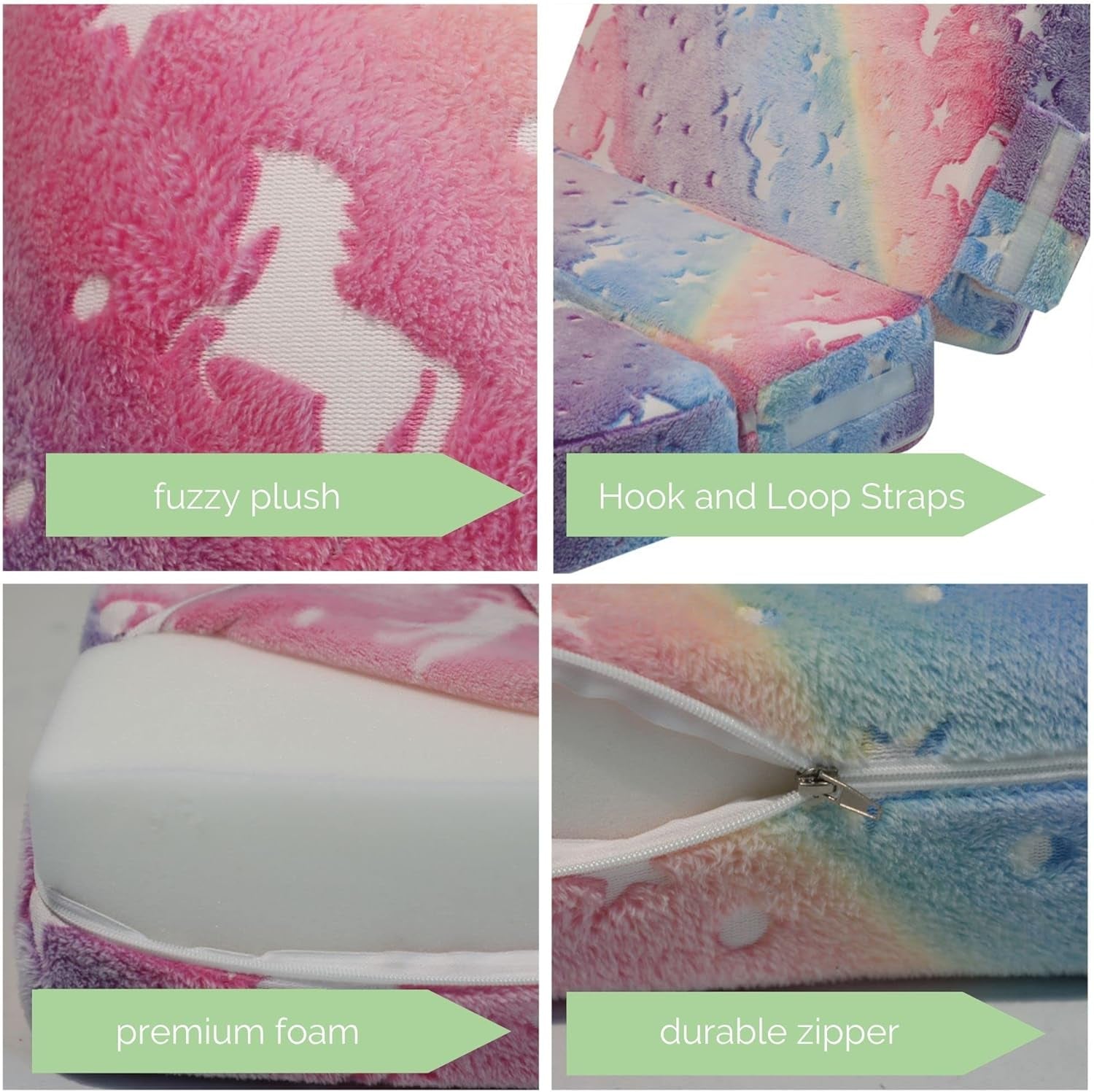 Glow Rainbow Unicorn Tri-Fold Sofa Bed for Kids, Foldable Futon Mattress, Chair, and Floor Couch for Playroom