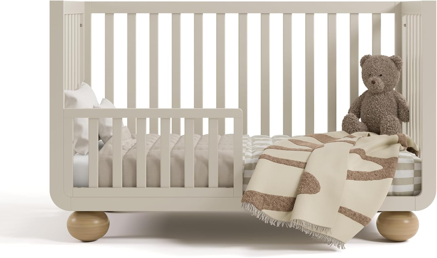 Amalfi Convertible Crib with Toddler Guardrail (Frosted Oat & Driftwood) – GREENGUARD Gold Certified, Toddler Bed Conversion Kit Included, Fits Standard Crib Mattress, Converts to Full Bed