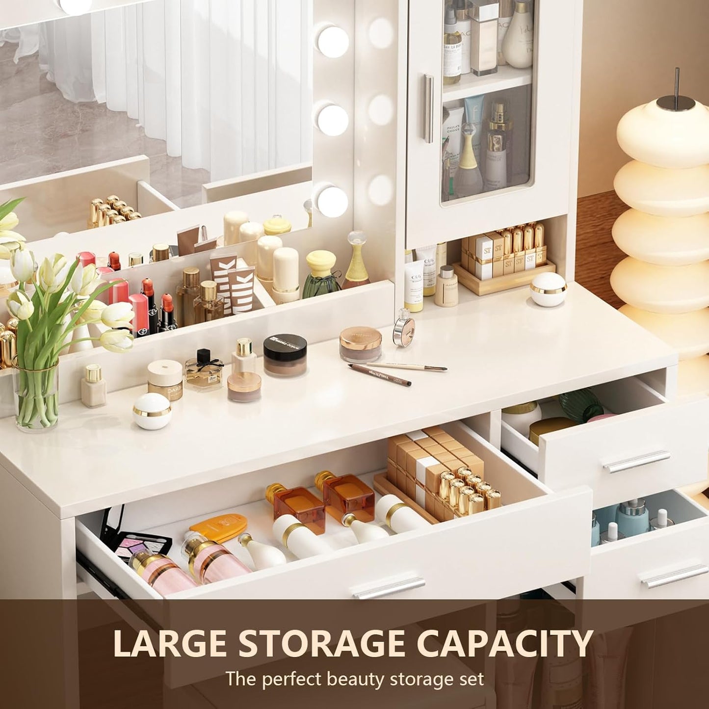 Makeup Vanity Desk Set with LED Lights Mirror Chair, Vanity Table with 7 Storage Shelves and 3 Drawers,3 Lighting Modes Adjustable Brightness Dressing Table for Bedroom,White