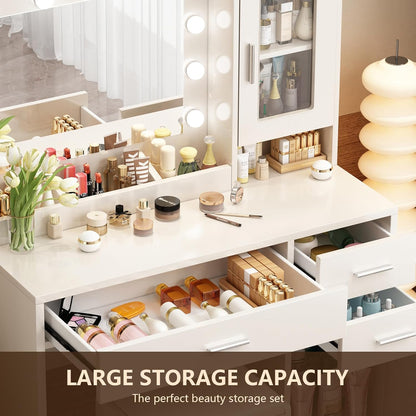 Makeup Vanity Desk Set with LED Lights Mirror Chair, Vanity Table with 7 Storage Shelves and 3 Drawers,3 Lighting Modes Adjustable Brightness Dressing Table for Bedroom,White