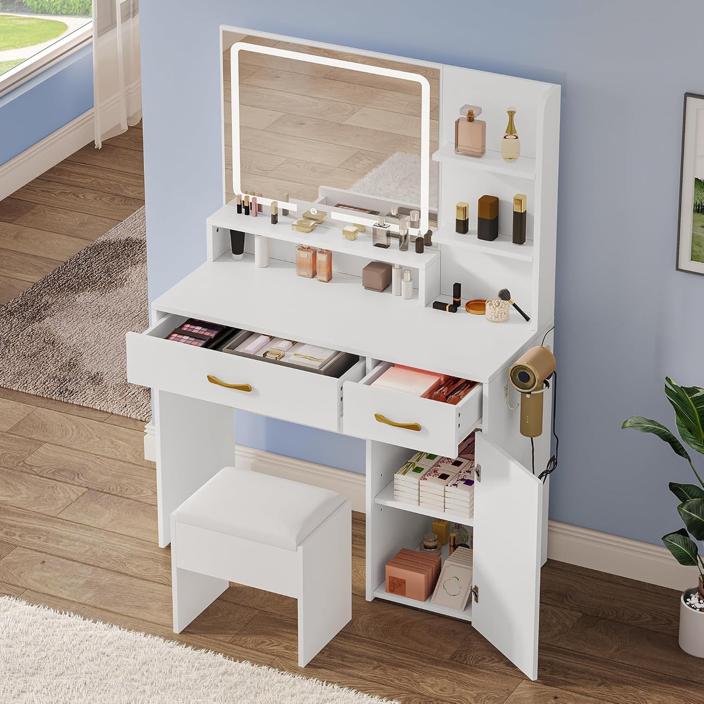 Vanity Desk, Makeup Vanity Table with LED Mirror, Power Outlets, Storage Drawers & Cabinet, Shelves, and Cushioned Stool, White Dressing Room Vanity Set