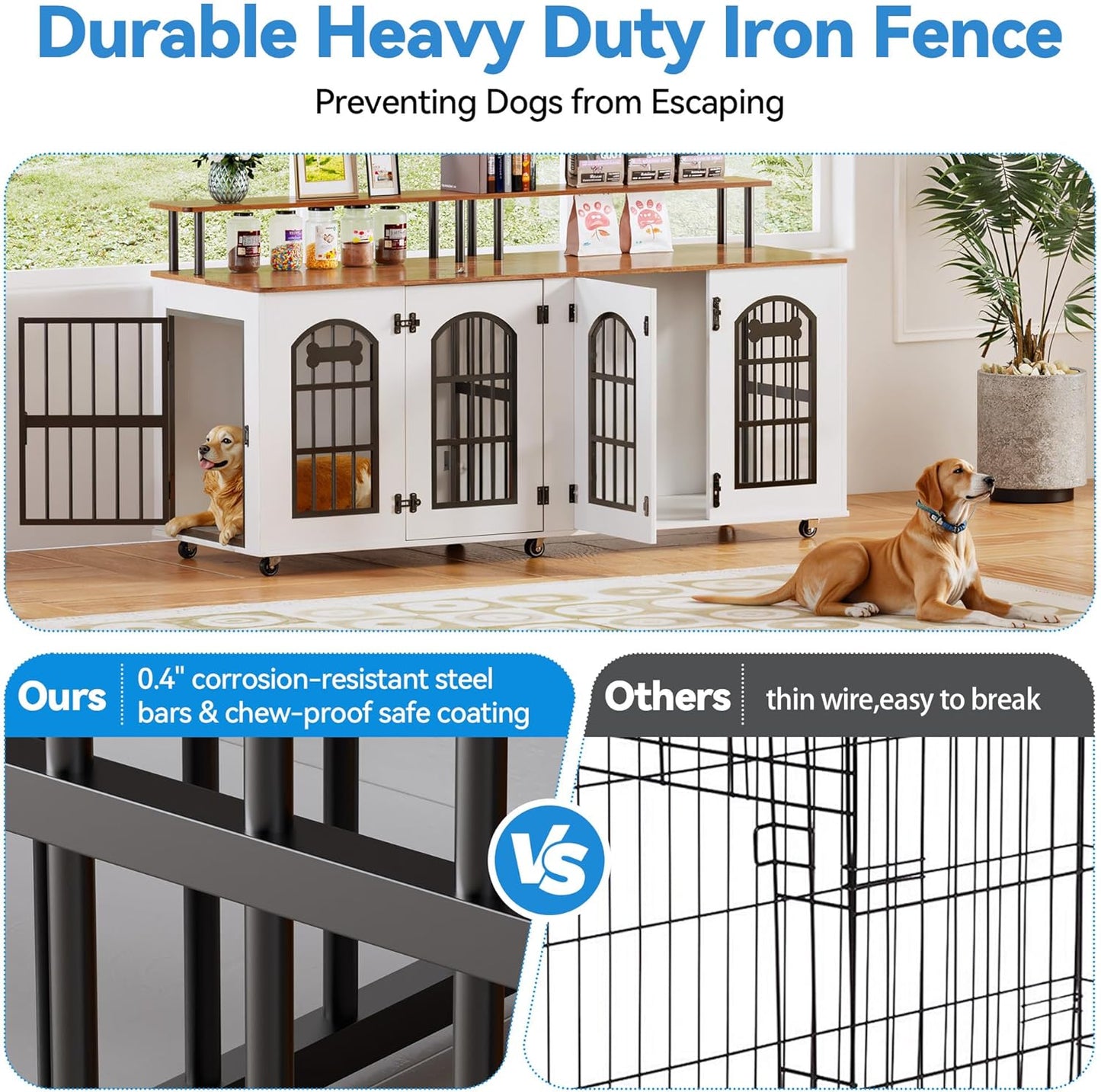 63" Dog Crate Furniture for 2 Dogs, XL Large Indoor Wooden Dog Kennel with Divider, 6 Lockable Wheels & Storage, Heavy Duty Modern Decorative Double Dog Cage TV Stand for Medium/Large Breed