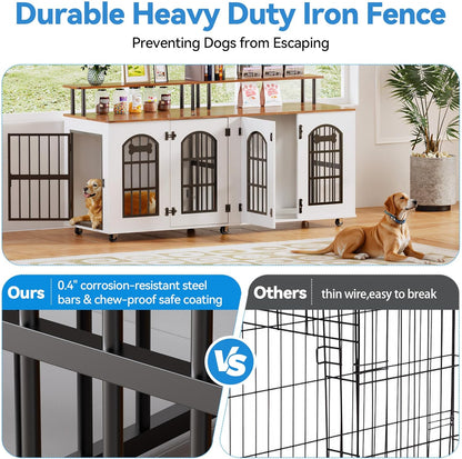 63" Dog Crate Furniture for 2 Dogs, XL Large Indoor Wooden Dog Kennel with Divider, 6 Lockable Wheels & Storage, Heavy Duty Modern Decorative Double Dog Cage TV Stand for Medium/Large Breed