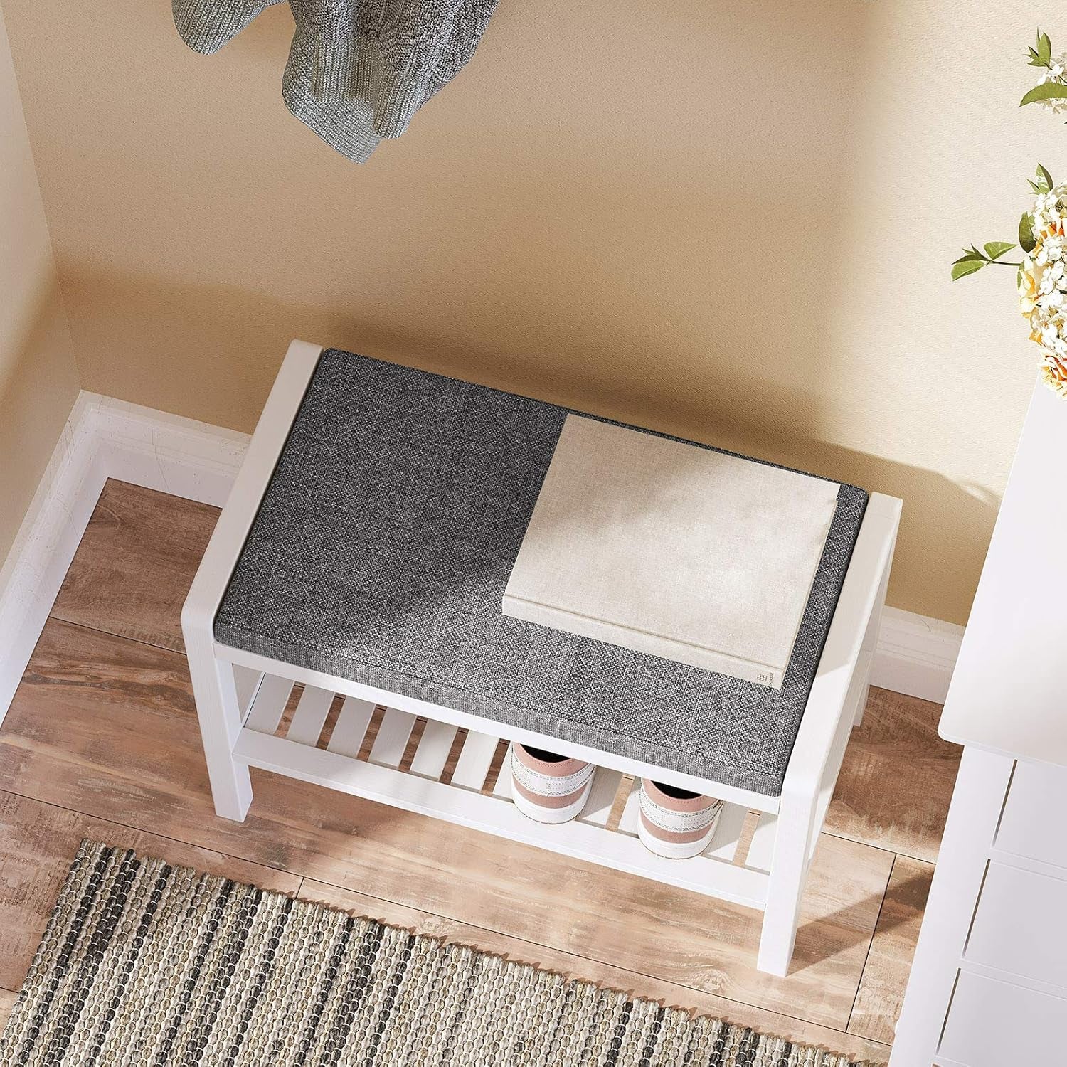 Shoe Rack Bench with Cushion Upholstered Padded Seat, Storage Shelf, Shoe Organizer, Holds up to 350 Lb, Ideal for Entryway Bedroom Living Room Hallway Garage Mud Room Gray and White ULBS65WN