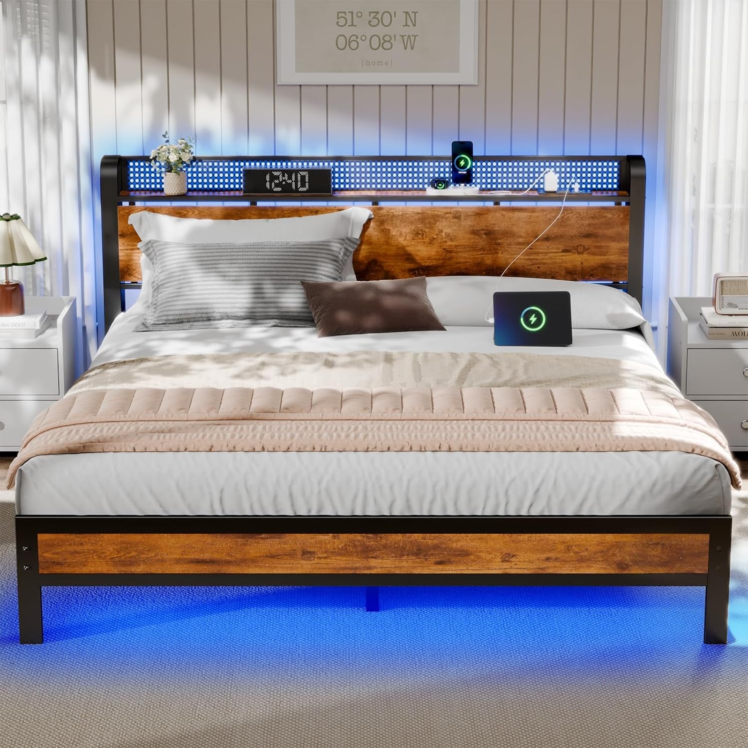 Queen Bed Frame with Headboard Storage, Bed Frame Queen Size with Charging Station and LED Lights No Box Spring Needed,Heavy Duty Steel Slats,Noise Free