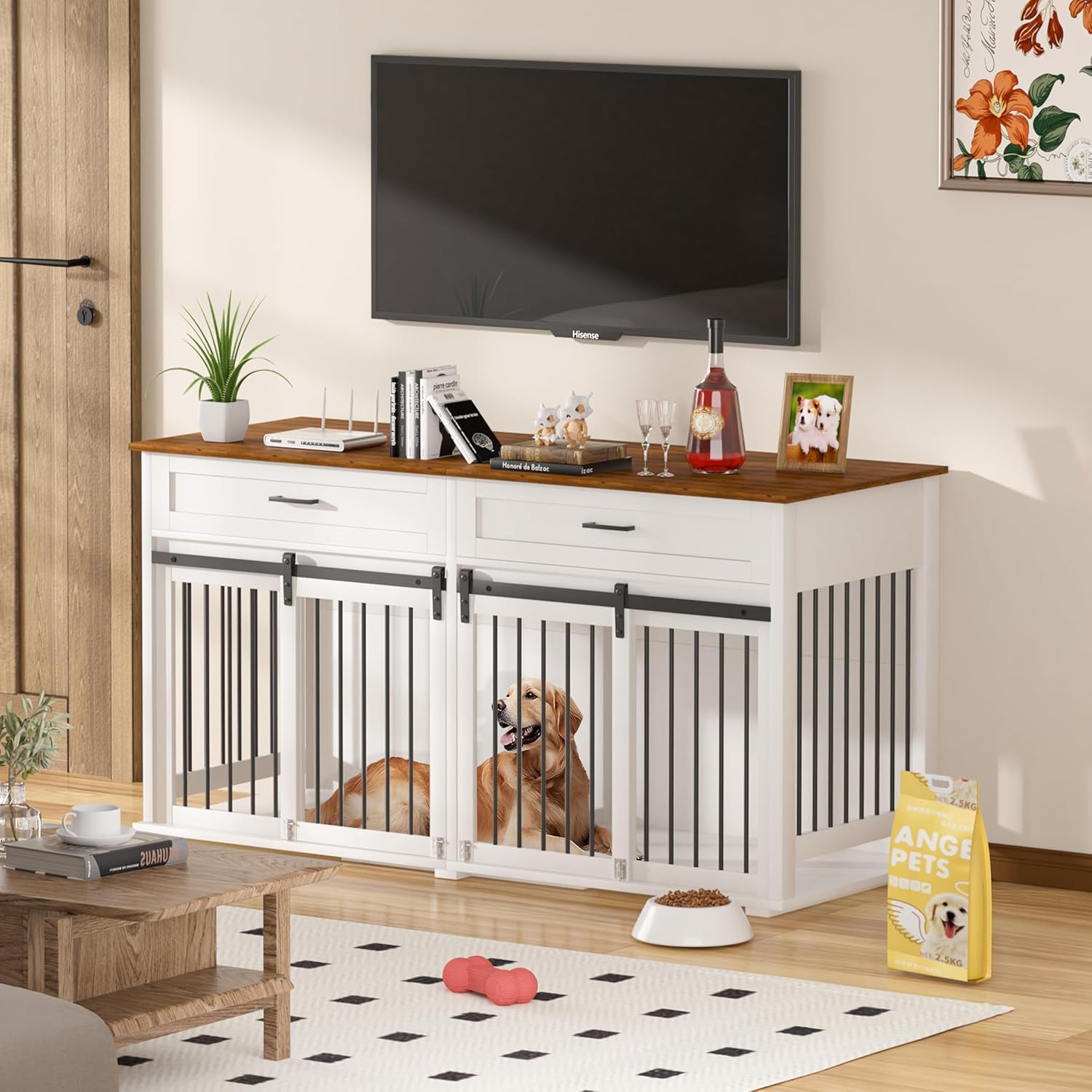 63" L X 24" W X 33" H Double Wooden Dog Cage Table with 2 Large Drawers & Safety Locks, Large Dog Crate Furniture for 2 Dogs with Removable Divider, Decorative Indoor Dog Kennel Furniture