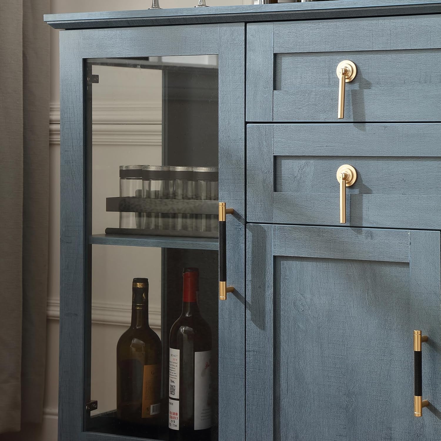58.2'' Modern Sideboard Buffet Cabinet with Storage, Accent Coffee Bar Cabinet with 2 Glass Doors,Sideboard Credenza with Golden Handles and Adjustable Shelves,Blue