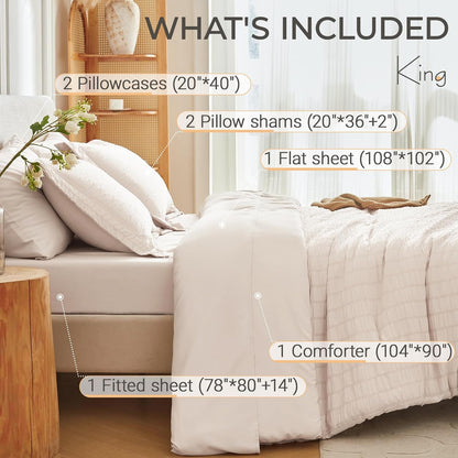 7 Pieces King Comforter Set, Seersucker Bed in a Bag King Size, All Season Luxury Bedding Set with Comforter, Flat Sheet, Fitted Sheet, Pillowcases & Shams, Beige