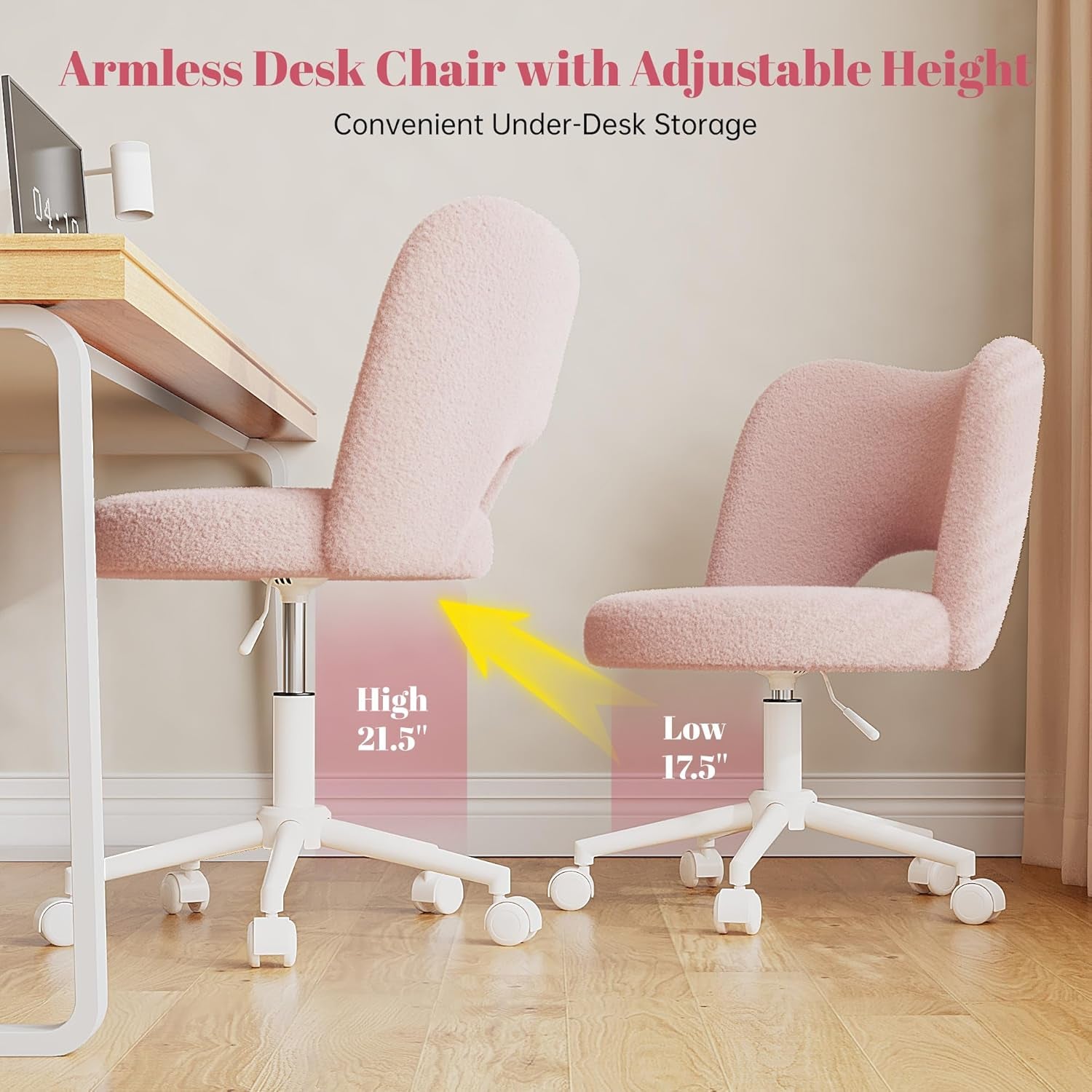 Vanity Chair with Wheels Pink,Cute Vanity Chair with Back,Ultra-Plush Fleece Cute Desk Chair, Small Office Chair Height Adjustable,For Make-Up Room,Bedroom
