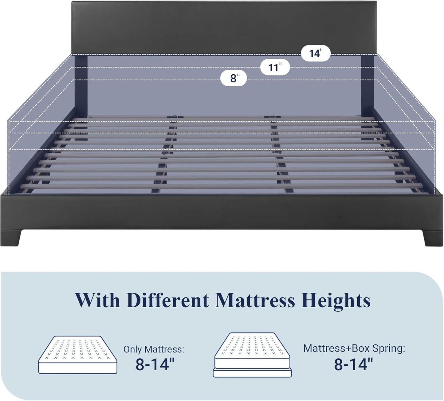 King Size Bed Frame with Adjustable Headboard, Faux Leather Platform Bed with Wood Slats, Heavy Duty Mattress Foundation, No Box Spring Needed, Noise-Free, Easy Assembly, Black