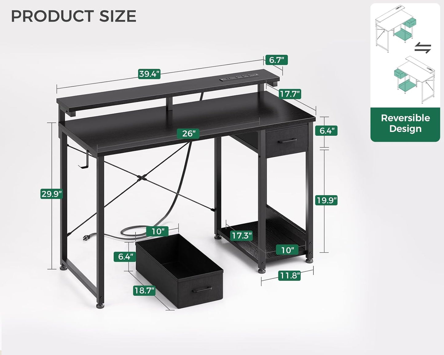 Gaming Desk with LED Lights & Power Outlet, 40 Inch Computer Desk with Drawer, Reversible Small Desk with Monitor Stand & Headphone Hook for Home Office, Black
