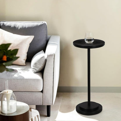Drink Table, Carved Table Top Martini Table, Small Side Table, Weighted Base Pedestal Table for Living Room, Bedroom, Modern, Black, 1-Pack