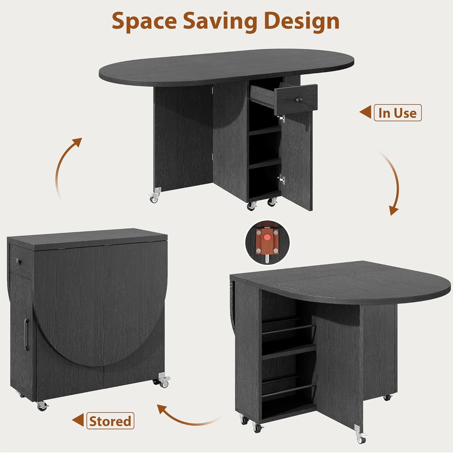 Folding Dining Table for 4 -Foldable Kitchen Dinner Drop Leaf Gateleg Convertible Tables with Storage Drawer and Shelf for Small Spaces Space Saving Kithen Dining Room Furniture (Black, 51*31.5*30)