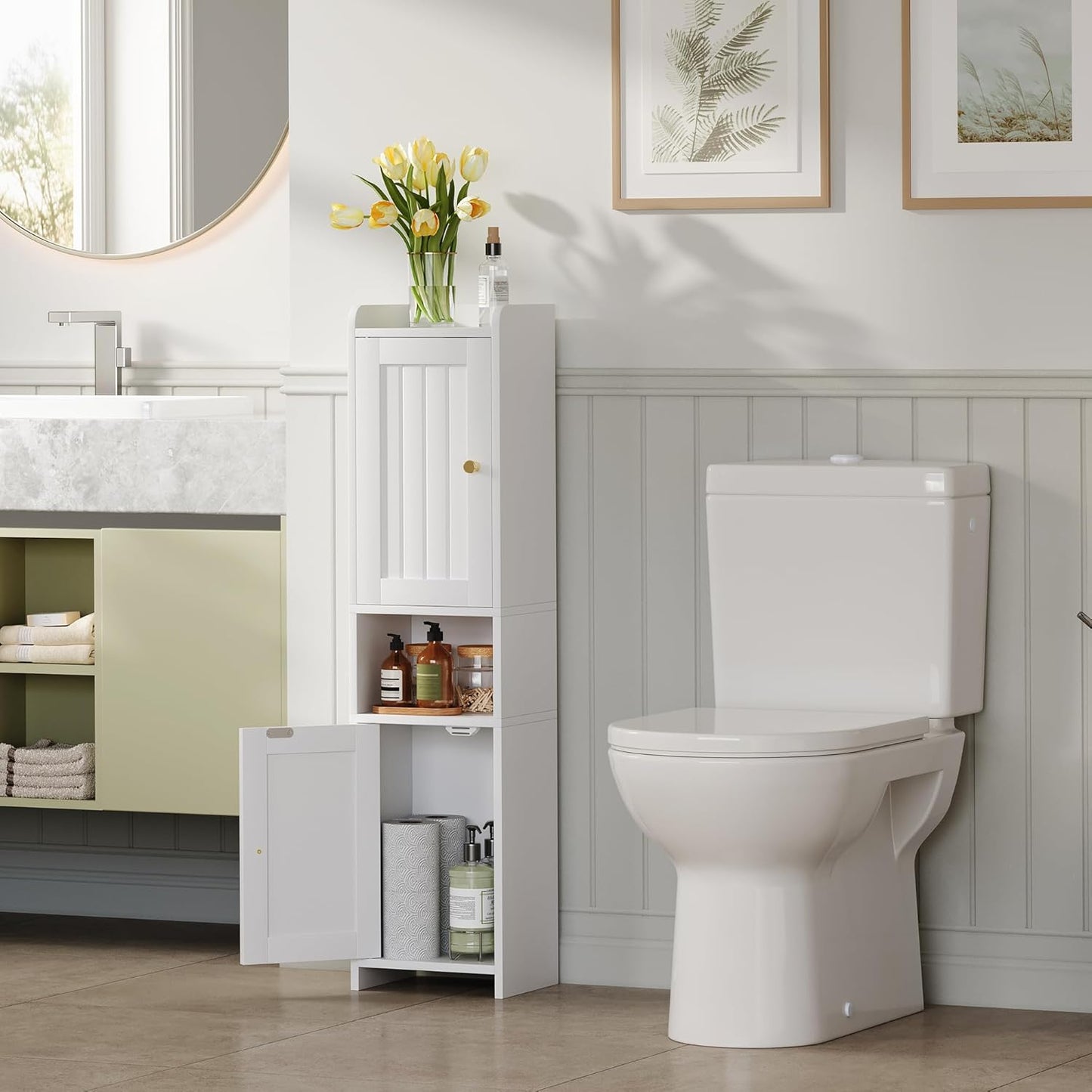 Bathroom Cabinet with 2 Doors, Small Freestanding Storage Cabinet with Adjustable Shelf, Floor Cabinet for Small Spaces, Bathroom, Entrances, Kitchen, White