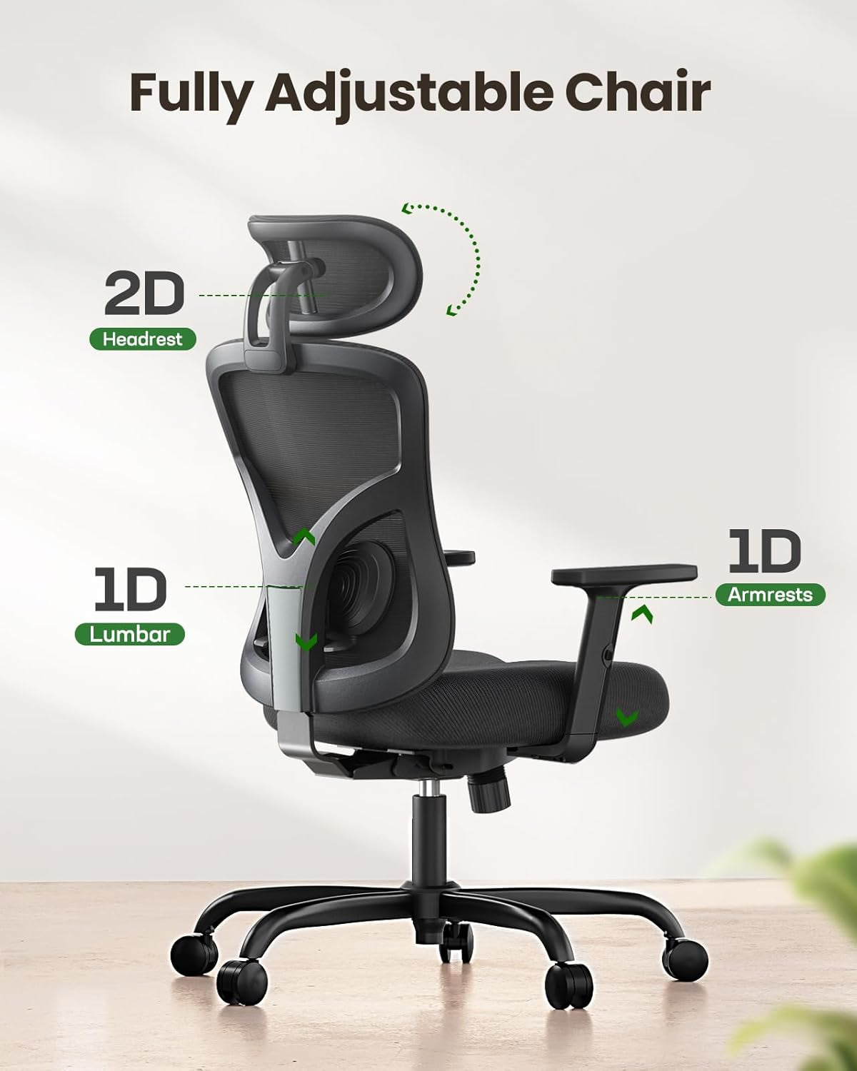 Ergonomic Office Chair Ergonomic Gaming Chair with Lumbar Support, 2D Headrest, Adjustable Armrests, Contoured Seat Cushion, Computer Desk Chair with Wheels for Home and Office