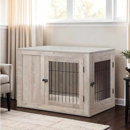 30 Inch Furniture Style Dog Crate for Small Dogs, Indoor Puppy Kennel with Door, Decorative Wood Wire Pet House Dog Cage, Pretty Cute End Side Table Nightstand, Weathered Grey