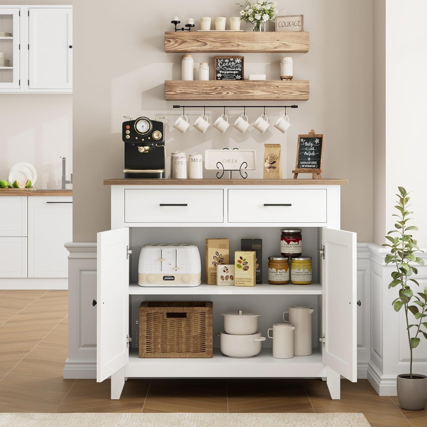 Kitchen Storage Cabinet, Modern Farmhouse Buffet Cabinet with Storage, Coffee Bar with 2 Drawers and 2 Doors, Floor Sideboard Buffet for Living Room, Dining Room, Bathroom, Ivory White