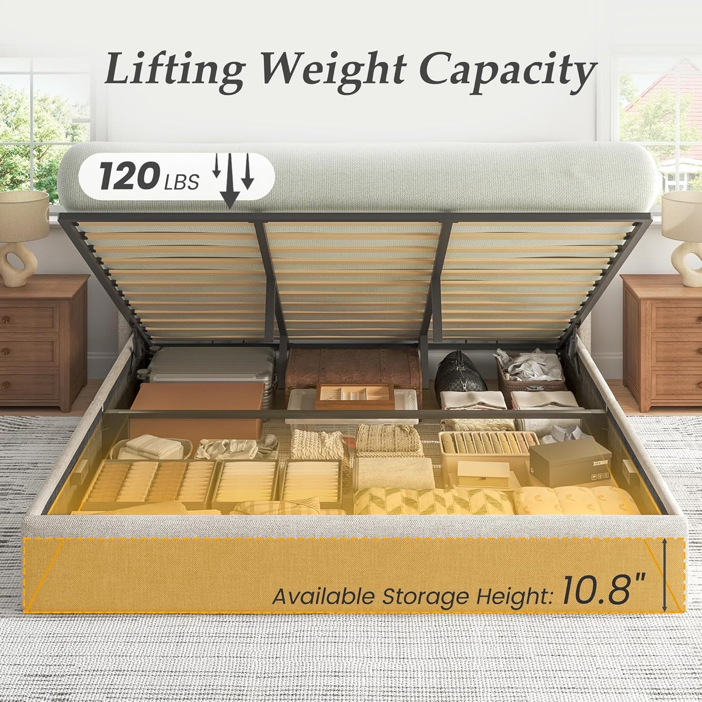 King Size Lift up Storage Bed Frame, Linen Upholstered King Platform with Button Tufted Wingback Headboard and Under-Bed Storage, Hydraulic Support, No Box Spring Needed, Noise Free, Beige
