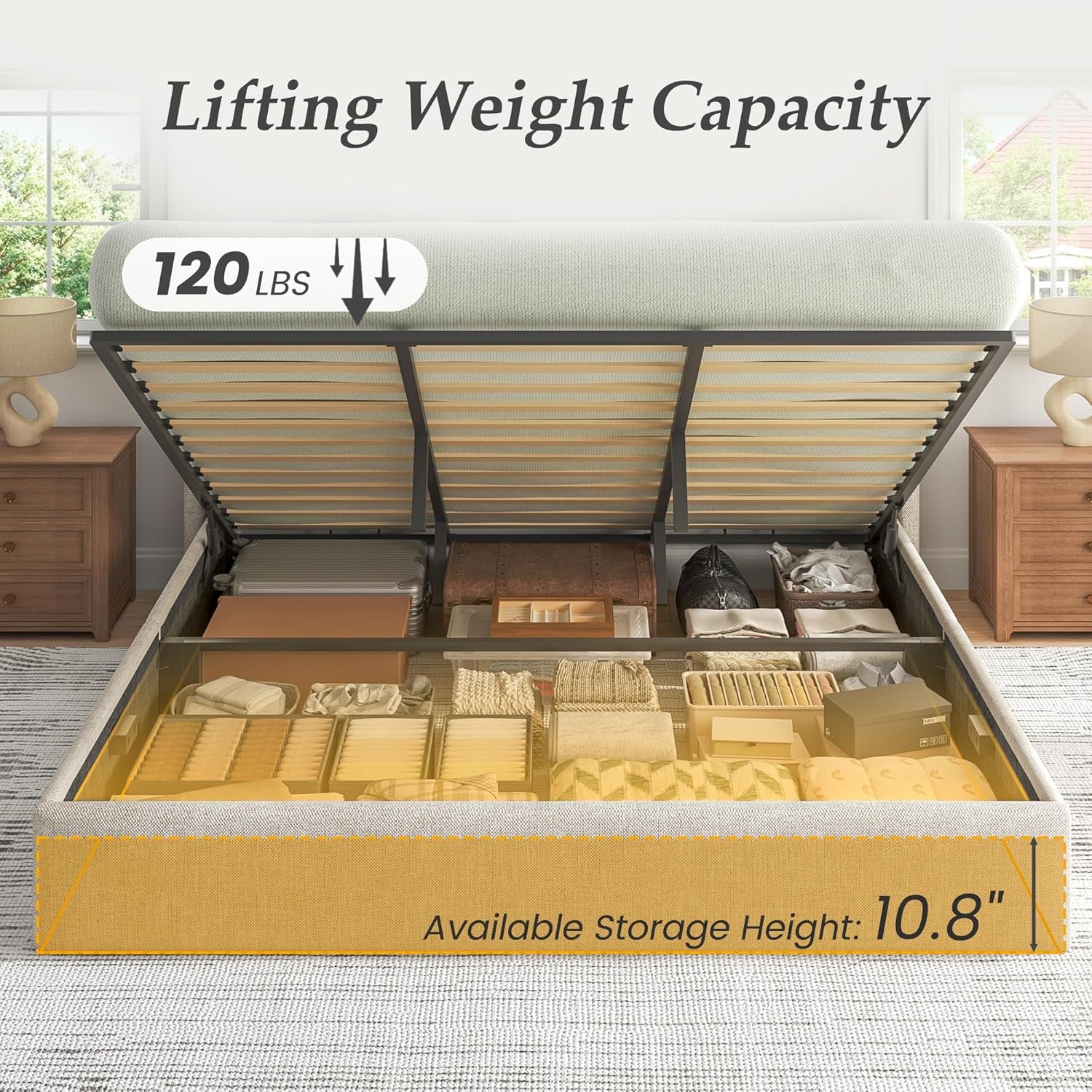 King Size Lift up Storage Bed Frame, Linen Upholstered King Platform with Button Tufted Wingback Headboard and Under-Bed Storage, Hydraulic Support, No Box Spring Needed, Noise Free, Beige