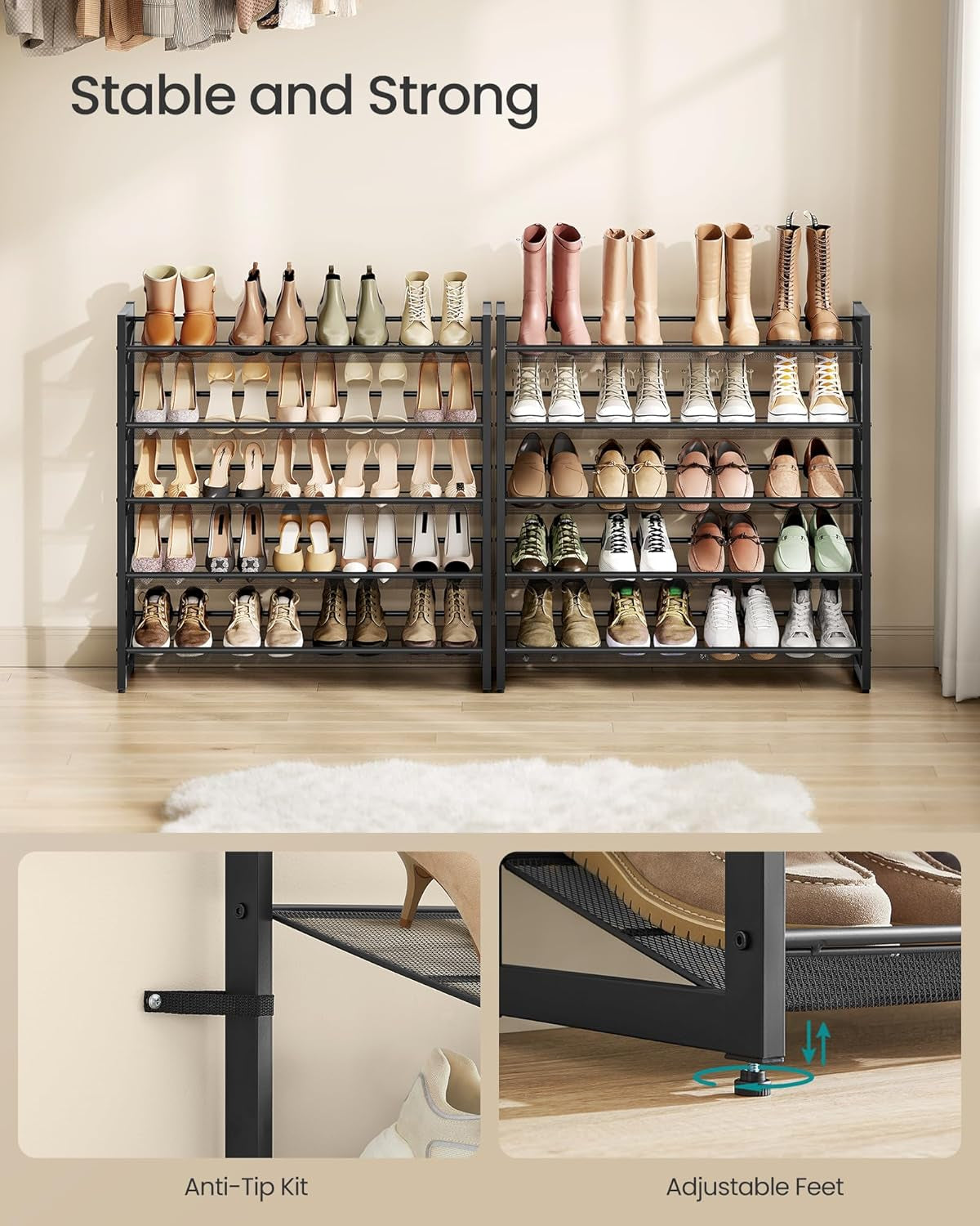 Shoe Rack, 10-Tier Shoe Organizer, Metal Rack for Garage, Set of 2, 5-Tier Stackable Shelf, with Adjustable Flat or Angled Shelves, 40-50 Pairs, Ink Black ULMR010B01