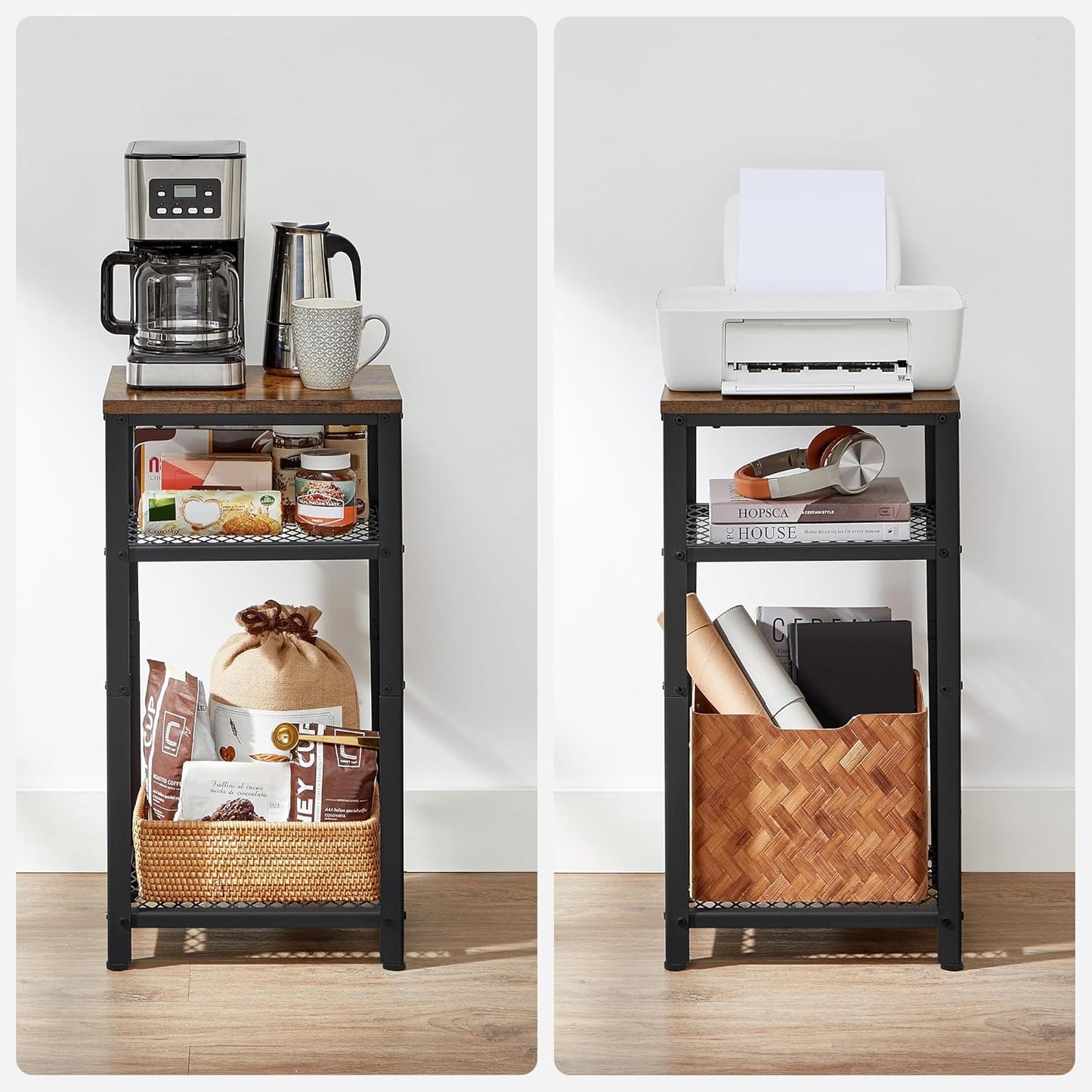 3-Tier Tall Side Table, Small Telephone End Table Stand with 2 Mesh Storage Shelves for Office, Bedroom, Living Room, Kitchen Cart, Rustic Brown and Black