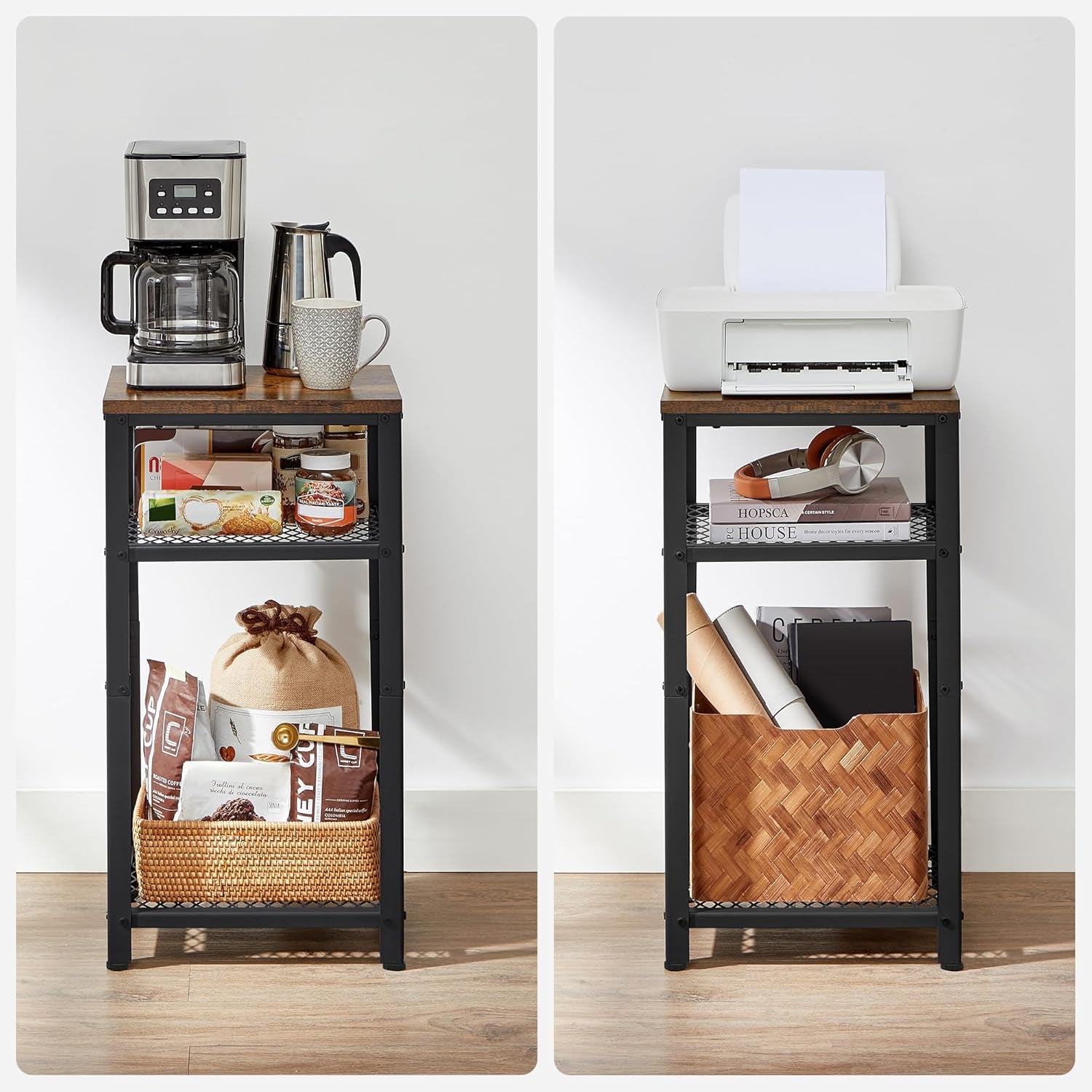 3-Tier Tall Side Table, Small Telephone End Table Stand with 2 Mesh Storage Shelves for Office, Bedroom, Living Room, Kitchen Cart, Rustic Brown and Black