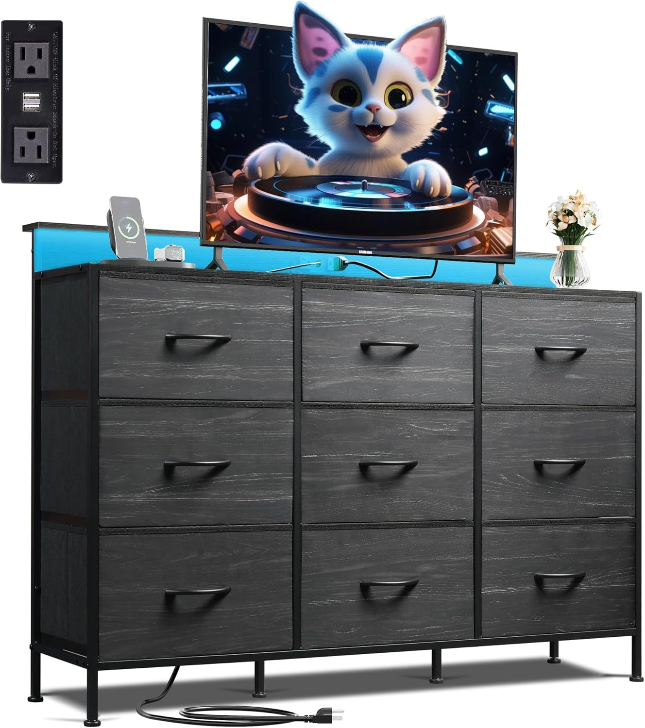 Black Dresser TV Stand for 45, 50, 55 Inch TV, Entertainment Center with LED Lights & Charging Station, Chest of Drawers with 9 Fabric Drawers and Open Shelves for Living Room, Hallway, Wood Top