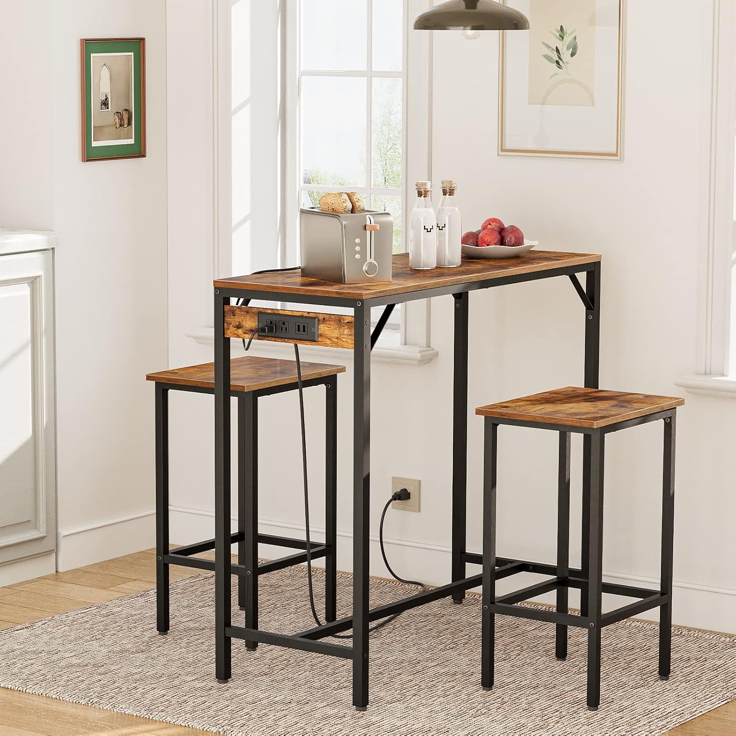 Bar Table and Chairs Set, 47.2" Dining Table Set with Power Outlet, 3-Piece Pub Table Set, Kitchen Bar Height Table with Stools of 2, Space Saving for Living Room, Rustic Brown BF46UBT01