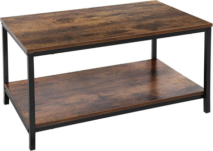 2-Tier Industrial Coffee Table with Storage Shelf for Small Apartment Living Room, Rectangle Wood and Stable Metal TV Stand Side End Table, Rustic Brown