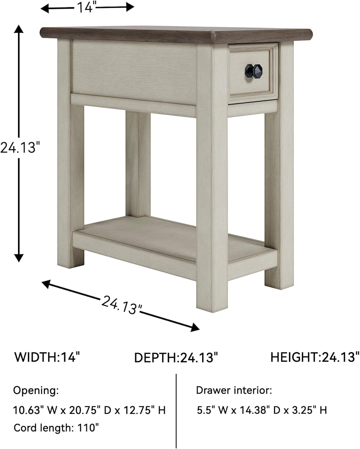 Bolanburg Chairside End Table with Charging Station, Two-Tone Wood Accent Table with Drawer Storage, Plank Top Design for Living Room or Bedroom, Antique White