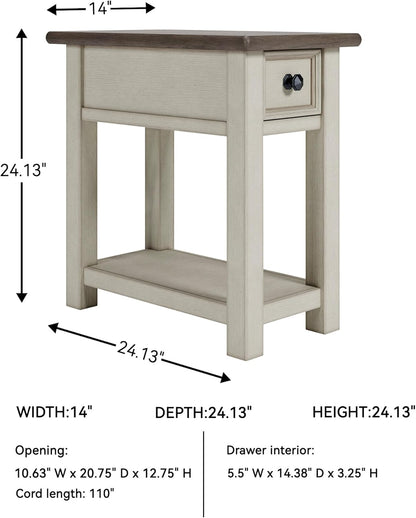 Bolanburg Chairside End Table with Charging Station, Two-Tone Wood Accent Table with Drawer Storage, Plank Top Design for Living Room or Bedroom, Antique White