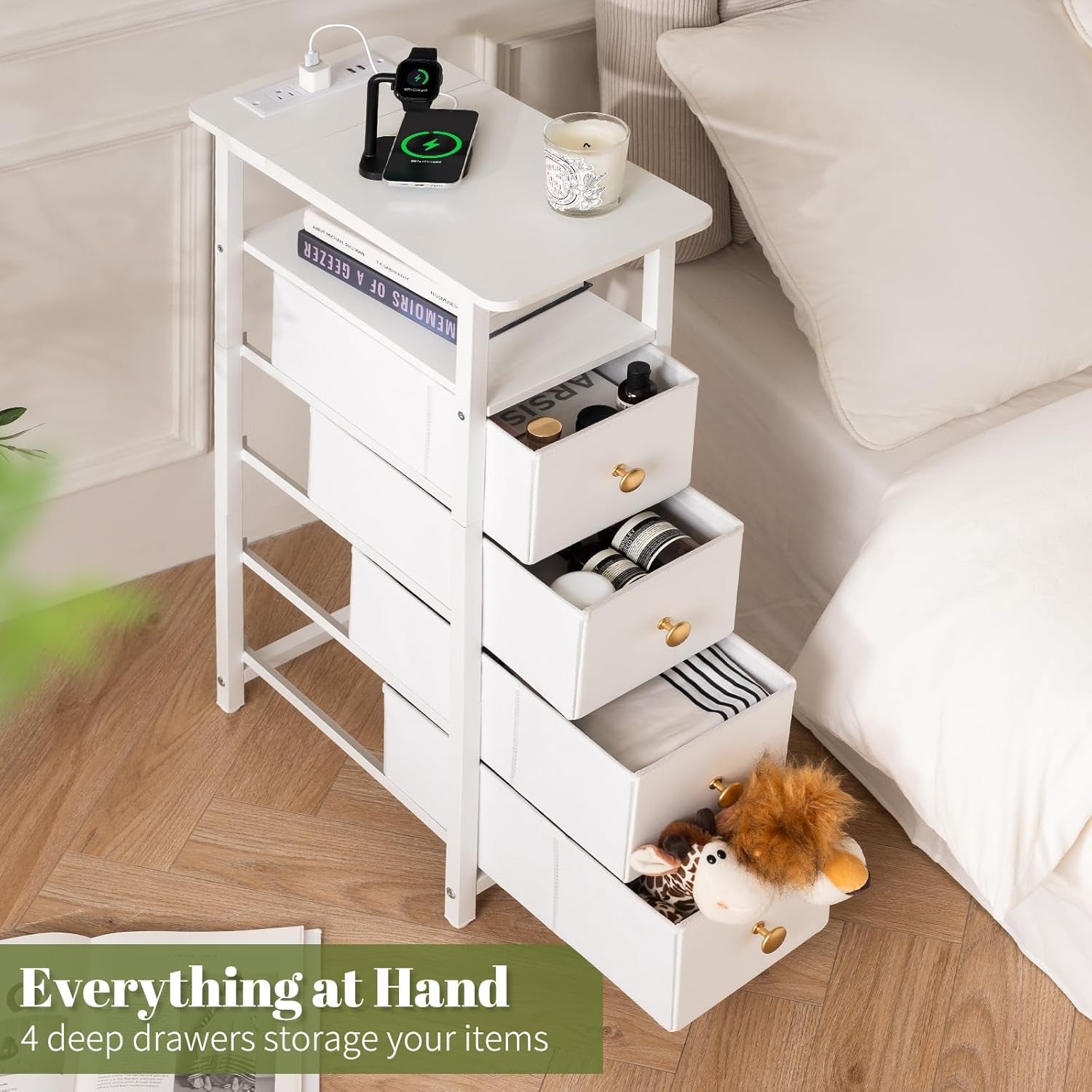 Narrow Dresser for Bedroom, LED Slim Nightstand with Charging Station, Small Dressers Chest of Drawers, Narrow Side Table End Table Tall Skinny Cabinet Night Stand for Small Spaces, White