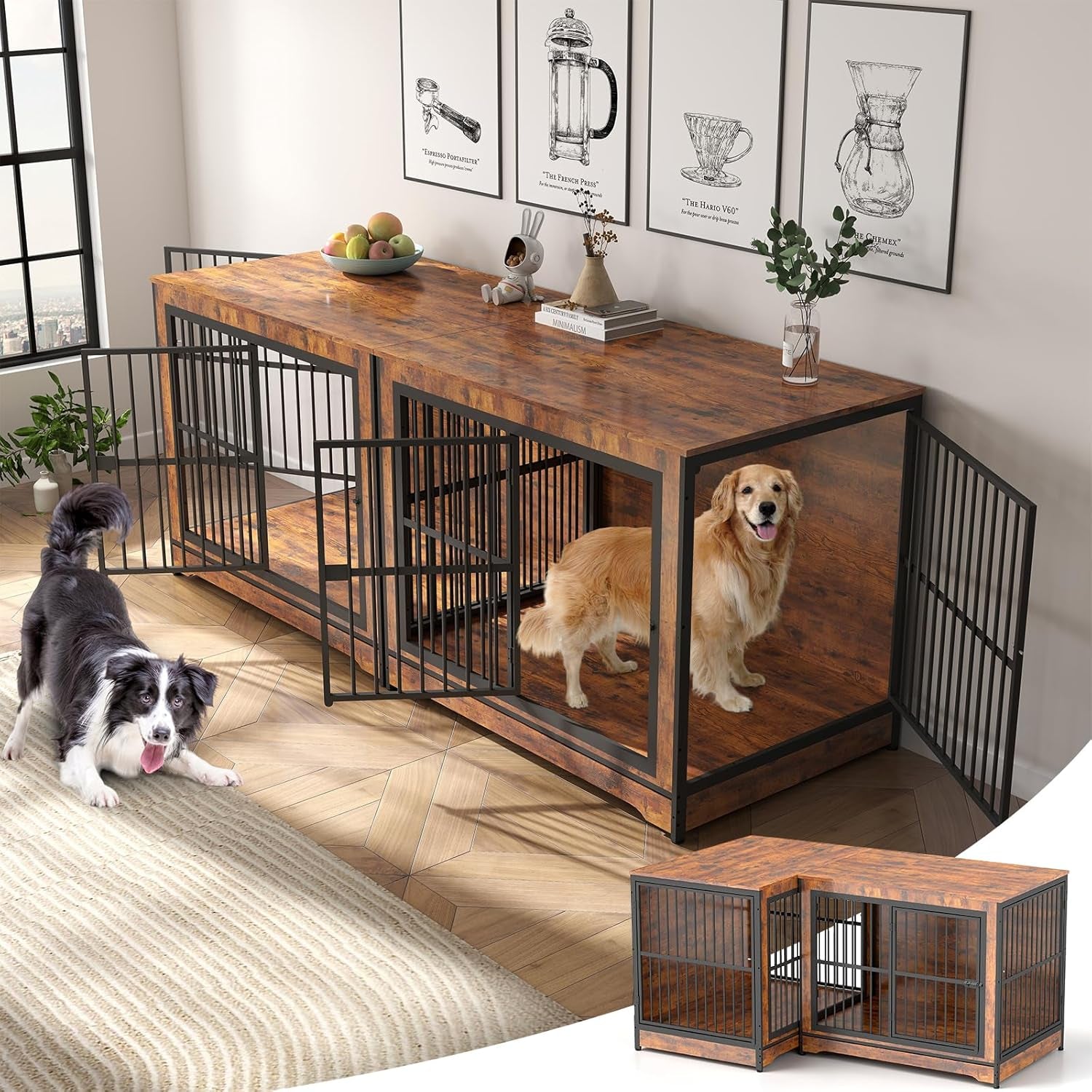86 Inch Double Dog Crate Furniture, Dog Cage Furniture with Removable Divider & Trays, Large Wooden Dog Crates for 2 Dogs Indoor with Three Doors, Rustic Brown