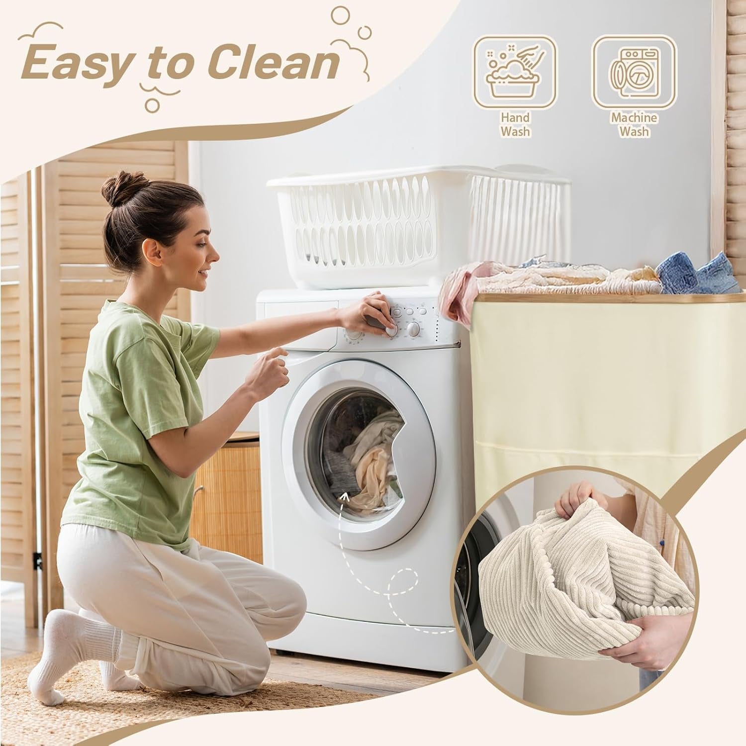 Round Stuffed Pouf Ottoman,Corduroy Foot Rest with Rebound Foam Filled, Furry and Fluffy Foot Stool Ottoman,26"*18" Floor Poufs for Living Room (Beige, 26" D X 26" W X 18" H)