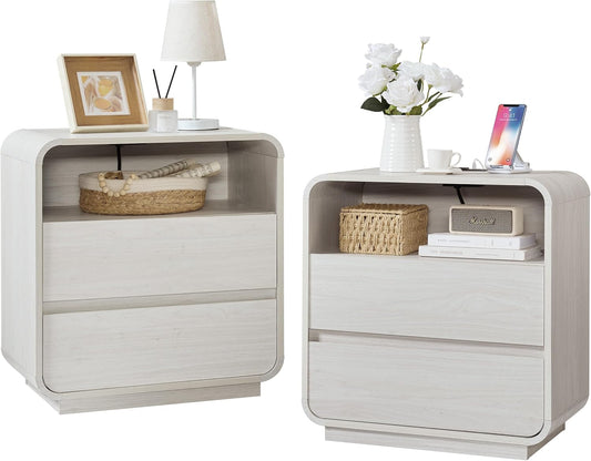 White Nightstand Set of 2 with Charging Station, 23.2" Wide Wood Bedside Table, Modern End Table with 2 Storage Drawers, Curved Profile, Handleless, Mid Century Night Stand for Bedroom