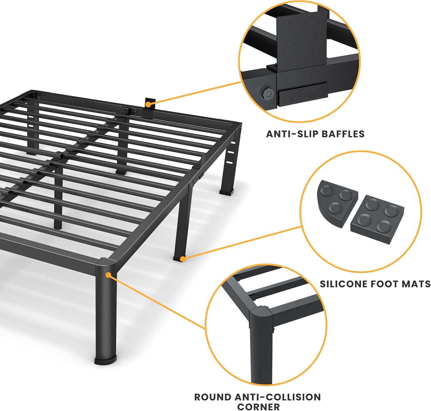 14 Inch Queen Bed Frame, Metal Platform Bed Frame with round Corner Legs, 3500 Lbs Heavy Duty Steel Slats Support, No Box Spring Needed, Noise Free, Easy Assembly, Black