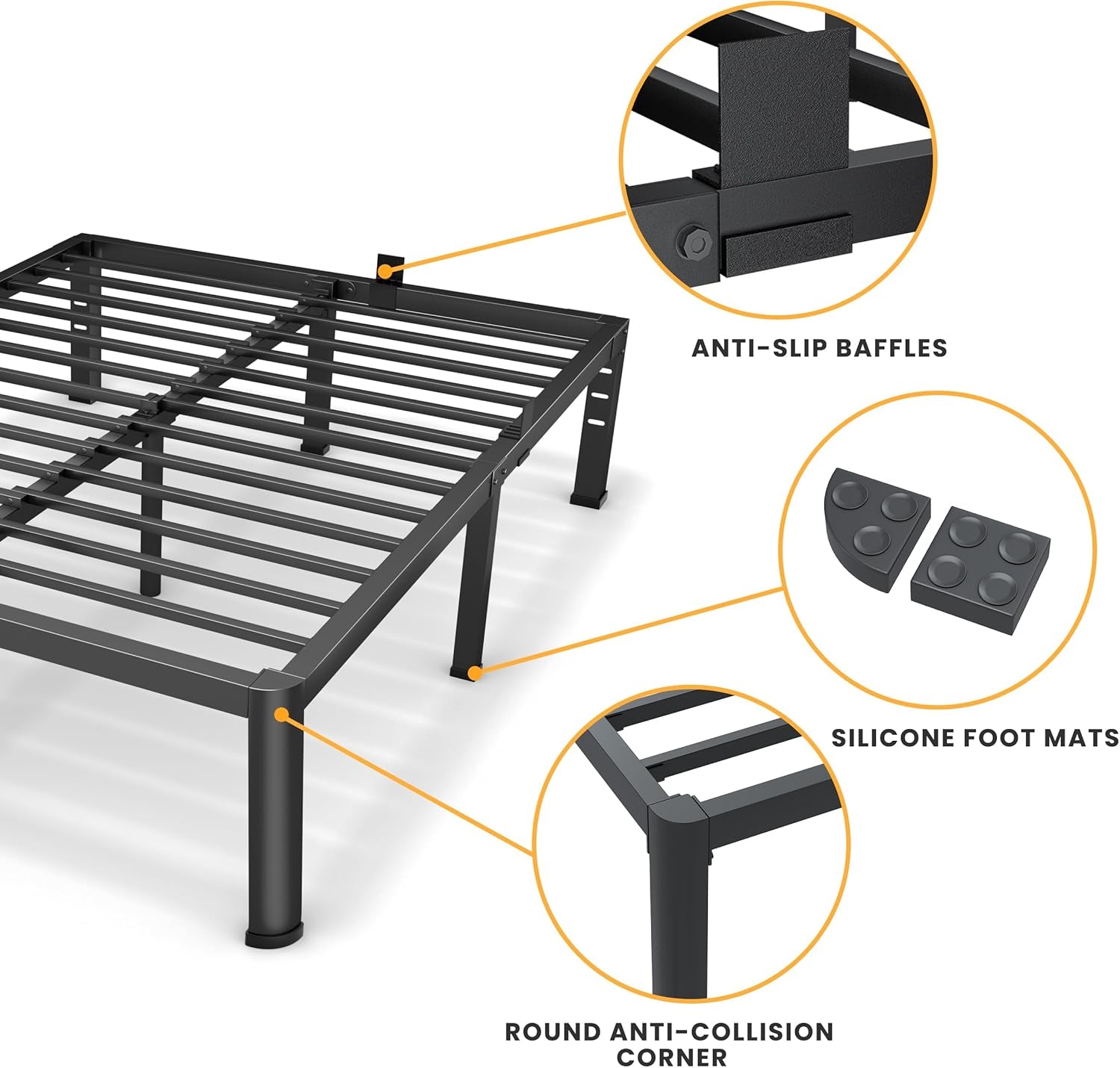14 Inch Queen Bed Frame, Metal Platform Bed Frame with round Corner Legs, 3500 Lbs Heavy Duty Steel Slats Support, No Box Spring Needed, Noise Free, Easy Assembly, Black