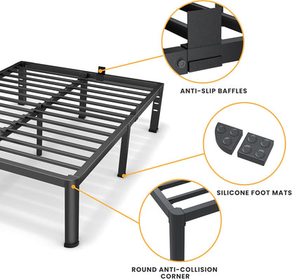 14 Inch Queen Bed Frame, Metal Platform Bed Frame with round Corner Legs, 3500 Lbs Heavy Duty Steel Slats Support, No Box Spring Needed, Noise Free, Easy Assembly, Black