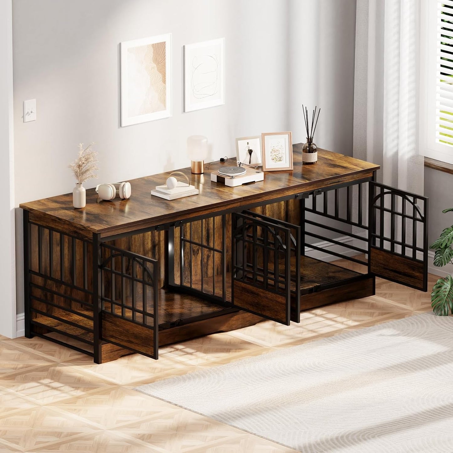 78 Inch Double Dog Crate Furniture, Extra Large Dog Kennel Indoor with Divider, Heavy Duty Dog Cage for 2 Dogs, Decorative Wooden Dog House Decorative Table TV Stand, Pet House for Xlarge Dogs,White