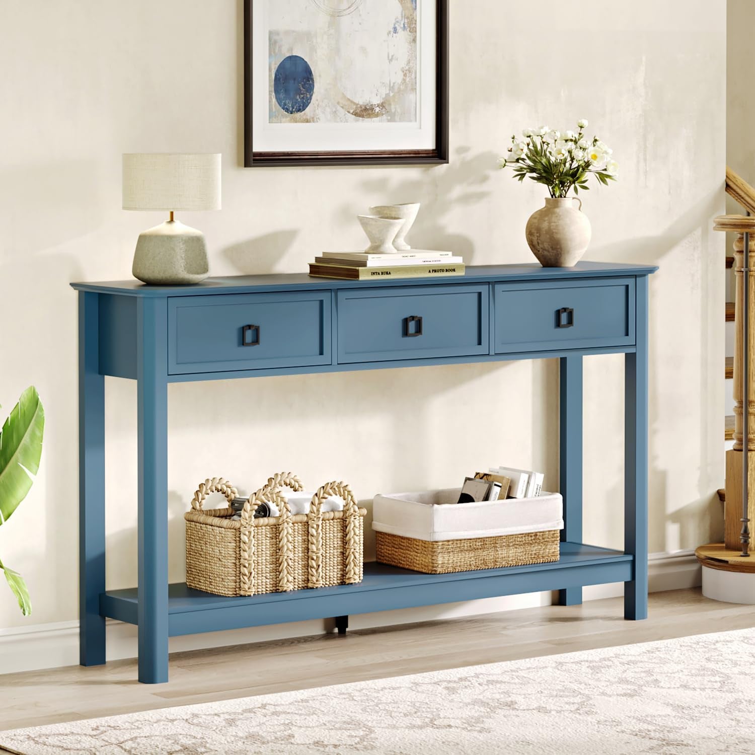 53.1" Console Table with 3 Drawers, Modern Entryway Table, 2-Tier Narrow Long Sofa Table behind Couch Table for Living Room, Hallway, Blue