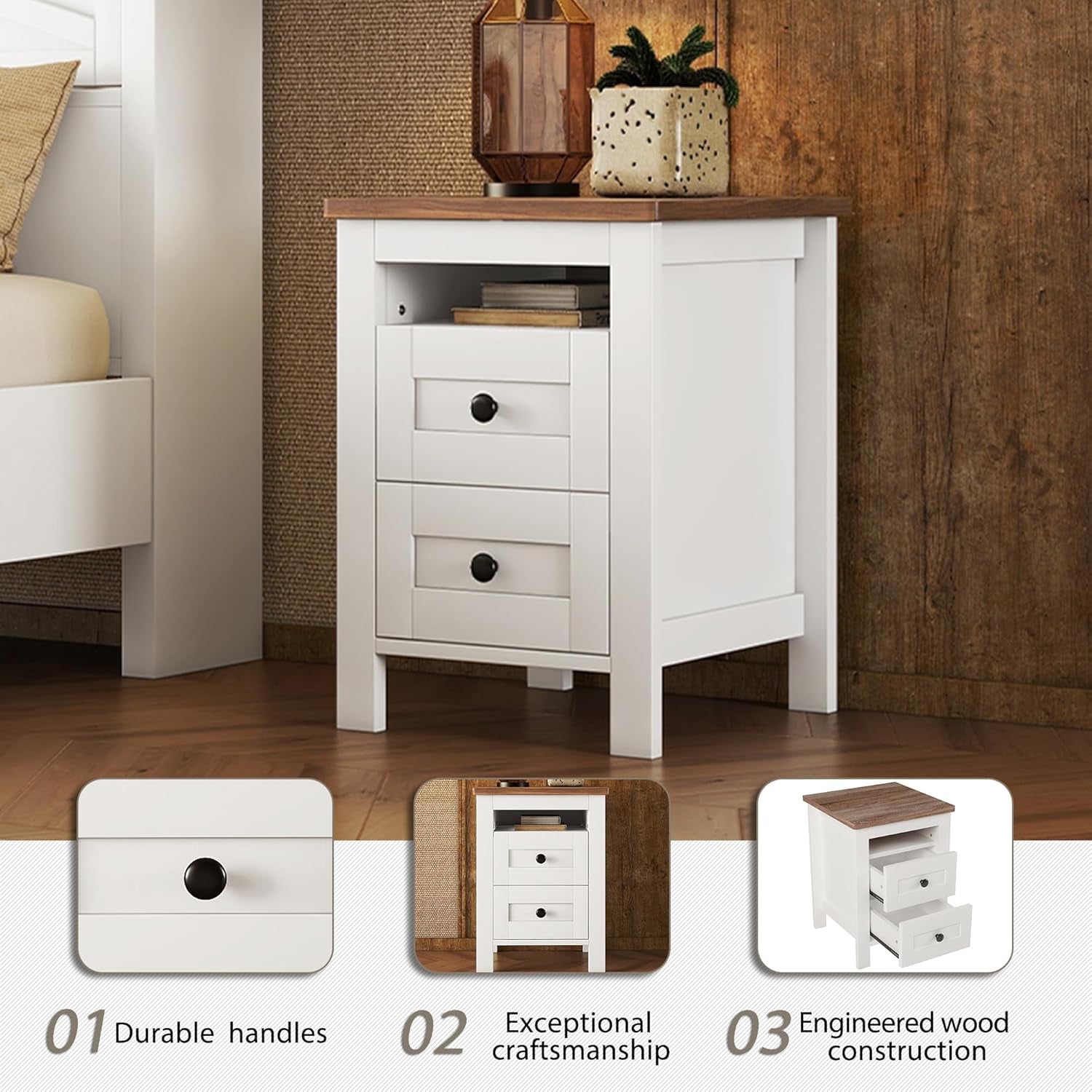 3-Pieces Full Size Bedroom Sets Farmhouse Platform Bed with Double Sliding Door Storage Headboard, Storage Nightstand and Dresser, White